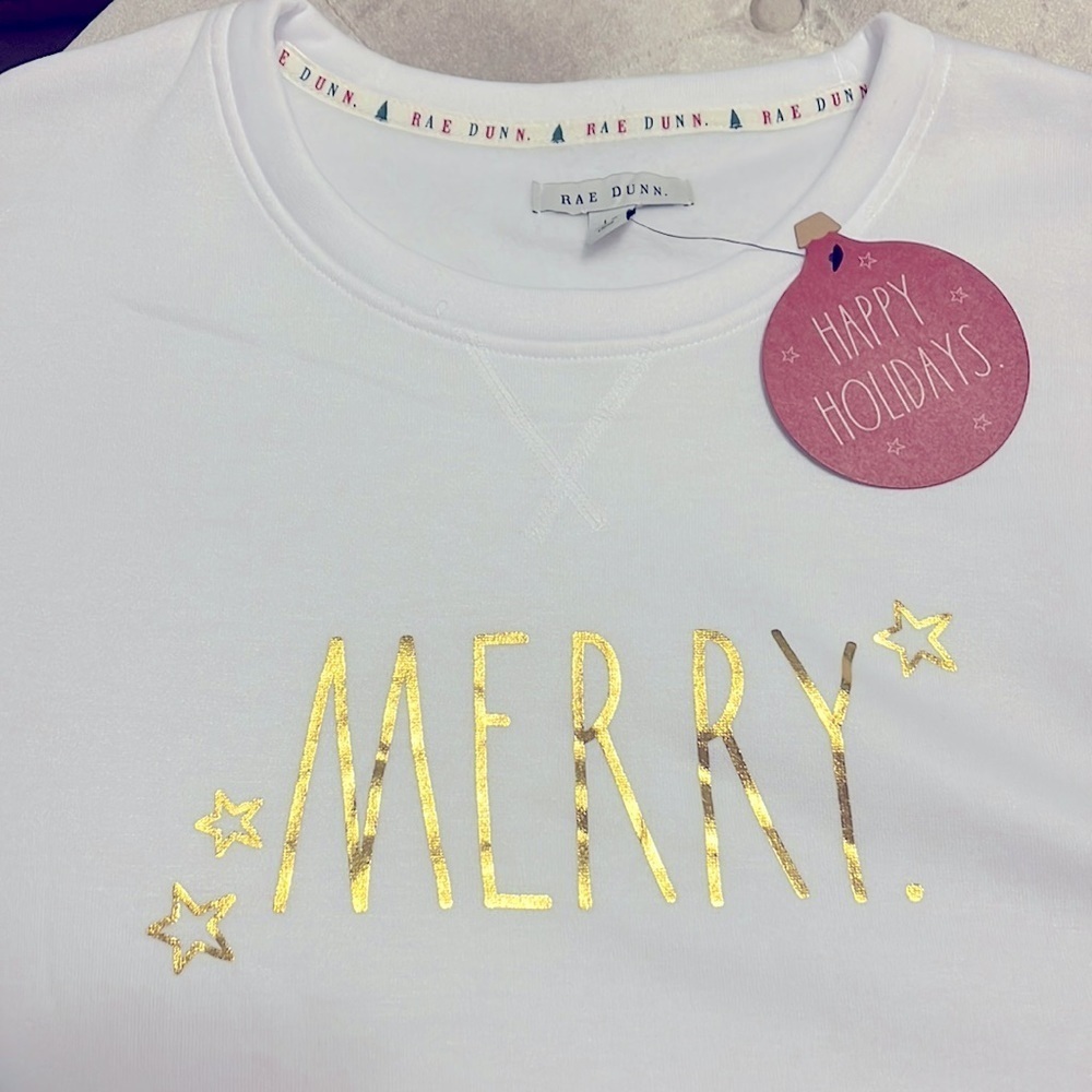 Rae Dunn white lounge set in cozy fleece with gold Merry on the front, large top